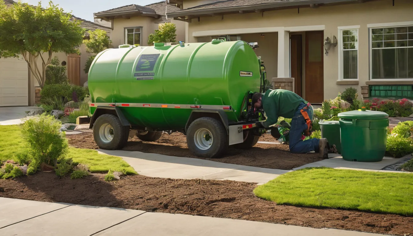 A friendly provider checking a septic tank lid beside a stucco ranch home in Anaheim