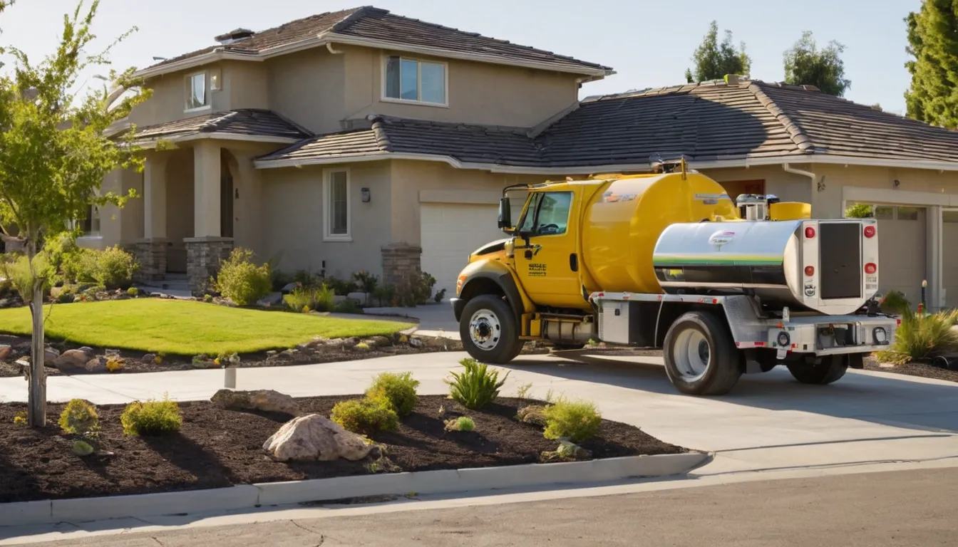 Septic pump truck parked beside a stucco ranch home in the Anaheim area during a routine tank pumping visit